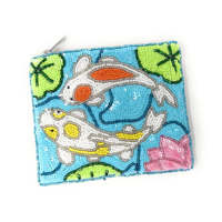 Dompet Koin Bordir Ikan Koi Buatan Tangan dengan Manik-manik Biru Desain Daun Teratai Gaya Jepang dengan Ritsleting Kompak Portabel.
