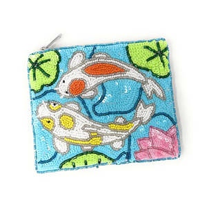 Koi Fish Embroidered Beaded Coin Purse Handmade Blue Sequin Clutch Lotus Lily <b>Pad</b> Design Japanese Style Zipper Pouch Unisex - Product Image 2