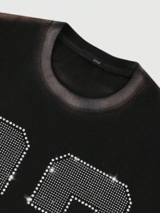 เสื้อยืดผู้ชายลายกราฟิก 23 ตัวอักษรประดับคริสตัลขนาดใหญ่พิเศษ ผ้าคอตตอนหนา 260GSM ซักแบบวินเทจ คอกลม สตรีทแวร์ขายส่ง เสื้อผู้ชาย - Product Image 5