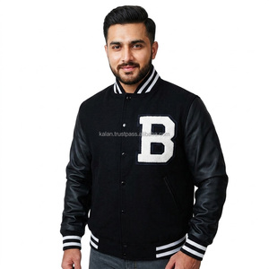 Veste universitaire noire pour homme avec broderie de la lettre B blanche, manches en cuir de vachette, vêtement décontracté, veste universitaire - Product Image 1