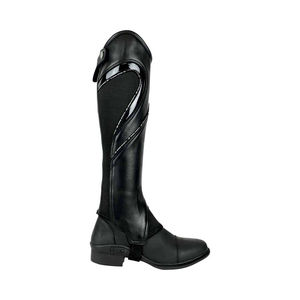 QASWA SPORTS Premium Men's English Leather <b>Half</b> <b>Chaps</b> Black Cowhide Horse Riding Shiny Patent Patent Accent Panel Elastic Calf - Product Image 1