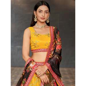 Yellow <b>Sequins</b> Georgette Haldi Wear Lehenga Choli for Women - Product Image 3
