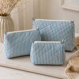 Soul Jaipur - Juego de Bolsas de Maquillaje Acolchadas con Rayas Azules, Ecológicas, de Pequeña Capacidad, con Asa Suave y Cierre de Cremallera, Organizador de Cosméticos de Viaje - Product Image 1