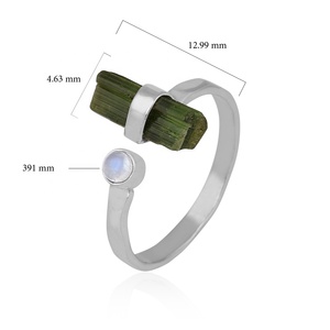 Geometric Natural Green Tourmaline & Moonstone 925 Silver <b>Adjustable</b> <b>Ring</b> Minimalist Gemstone Jewelry Everyday Wear Unisex - Product Image 3