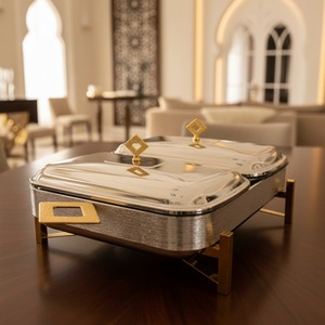Plat à réchaud double noir avec accents ornés de diamants, poignées argentées et couvercles élégants pour événements de buffet de luxe et mariages - Product Image 2