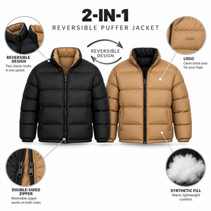Blouson matelassé réversible pour homme, noir et camel, double face, col montant, en nylon, manteau d'hiver décontracté, logo personnalisé, OEM ODM, vente en gros - Product Image 6