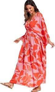 Vestido Abaya Maxi para Mujer, Estampado Floral, Poliéster Ligero, Cuello Redondo, Corte Holgado, Manga Tres Cuartos, Estilo Veraniego para Playa - Product Image 2