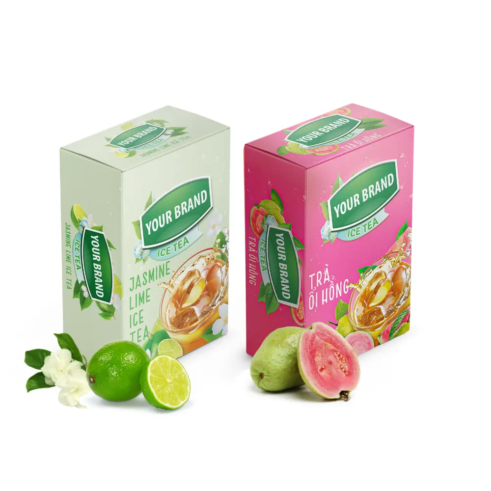 Muestras gratis de té helado de guayaba en polvo té energético conveniente 10 18 bolsitas por caja cajas de embalaje logotipo personalizado té verde jazmín