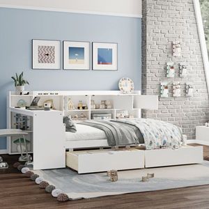 Multi-Functional L-Shaped Wooden Daybed with Seven Storage Cabinets and Two Drawers Includes Built-In Study Desk - Product Image 2