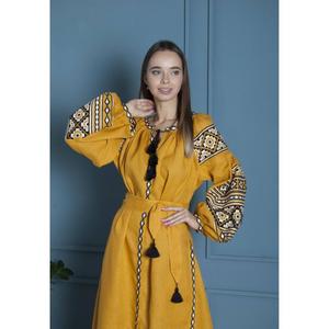 Robe longue ethnique brodée pour femme, style bohème, en lin écologique, taille naturelle, avec ceinture à pompons - Product Image 2