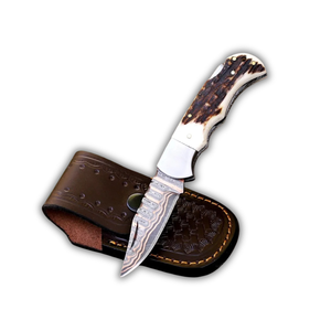 Couteau pliant de camping en acier Damas, outil de survie et de chasse en plein air, origine Pakistan, vente en gros, couteaux de poche avec étui en cuir - Product Image 1