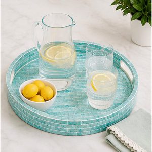 Round Capiz Shell <b>Mosaic</b> Decorative Tray Luxury Turquoise Mother of Pearl Inlay Serving Tray with Cutout Handles for Home Decor - Product Image 2