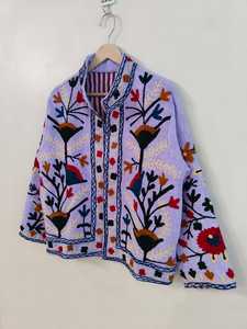 Handmade Suzani Embroidered Women's Winter Bomber <b>Jacket</b> <b>Short</b> Length Reversible & Breathable Eco-Friendly Cotton TNT Fabric - Product Image 5