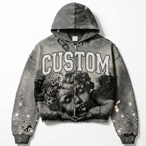Sweat à capuche gris délavé personnalisé, coupe courte, imprimé ange Renaissance vieilli, lettres universitaires en strass, style streetwear, fournisseur en gros - Product Image 1