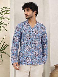 Chemise décontractée pour homme à manches longues, coupe ample, 100 % coton, imprimé Paisley fait main, col rabattu, tissée, idéale pour l'été - Product Image 1
