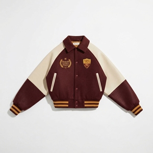 Veste varsity en laine bordeaux avec manches en cuir crème |   Blouson bomber classique style Letterman |   Étiquette privée personnalisée OEM - Product Image 1