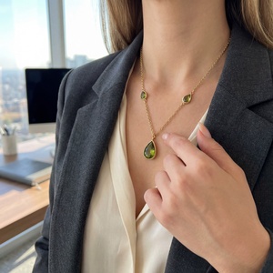 Fashion 18K Rose Gold Emerald Dewdrop Cascade <b>Statement</b> <b>Necklace</b> Women Minimalist Green Teardrop Gemstone Link Chain - Product Image 3