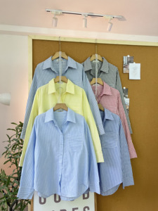 L841 Women's Striped <b>Long</b> Sleeve Shirt Relaxed Fit Soft Cotton Linen Blend Button Down Casual Pocket Blouse <b>Top</b> - Product Image 1