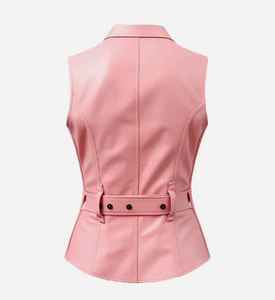 Chaleco de Cuero Genuino Rosa para Mujer, Sin Mangas, Corte Ajustado, con Cierre Frontal, Elegante, Casual, Estilo Motociclista - Product Image 2