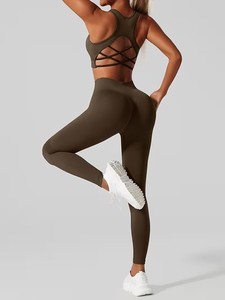 <b>Open</b> Lattice Back Sports <b>Bra</b> with High Rise Squat Proof Training Tights Set Womens 2 Pcs Seamless Fitness Yoga Suit Kit - Product Image 4