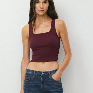 Top Corto de Mujer Color Borgoña con Cuello Cuadrado, Ajustado, Tejido en Mezcla de Algodón y Spandex, Transpirable, Estilo Minimalista para Primavera/Verano - Product Image 5