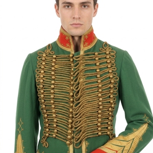 <b>Men's</b> Green Woolen Hussar <b>Jacket</b> With Gold Embroidery Stand Collar Double Breasted Formal Winter Coat <b>Short</b> Length - Product Image 5