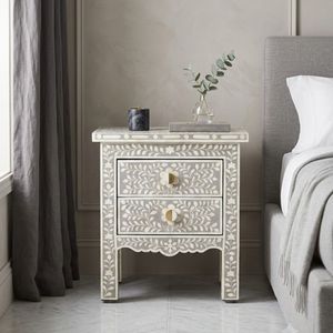 Decorative Modern Luxury Nightstand <b>Side</b> <b>Table</b> Bedside Cabinet with 2 Drawers Floral Carved Bedroom <b>Storage</b> - Product Image 1