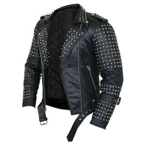 Veste en cuir personnalisée pour homme, veste bomber en cuir élégante avec fermeture éclair, broderie et strass, vestes en cuir décontractées pour homme - Product Image 1