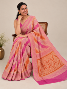 Robe Saree Longue Moderne en Coton Banarsi Rose Orange à Séchage Rapide pour Femme, Tenue Ethnique Festive LoomIndia - Product Image 4