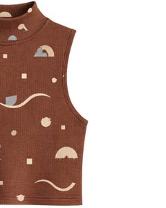 Top Corto Personalizado Marrón con Cuello Alto y Estampado Geométrico, Sin Mangas, Ajustado, Elástico, Informal y Moderno para Mujer - Product Image 3