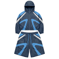 Custom heren outdoor hiking windbreaker softshell shorts set navy blauw bruin roze kleurblok hooded jas waterdicht sport