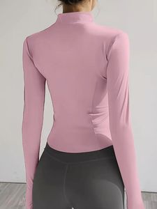 Top Deportivo de Manga Larga Rosa para Mujer, Ajustado, con Cierre Frontal, Color Sólido, Poliéster, Ropa Deportiva - Product Image 3
