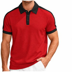 Polo Rojo de Manga Corta para Hombre con Diseño de Bloques de Color Negro, Tejido Piqué Informal, Transpirable, Corte Regular - Product Image 1