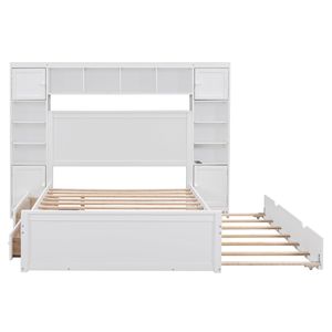 White <b>Twin</b> Size Trundle Bed with All-in-One Cabinet & Shelf Full Size Wooden Kids' Bed with <b>Sockets</b> - Product Image 6