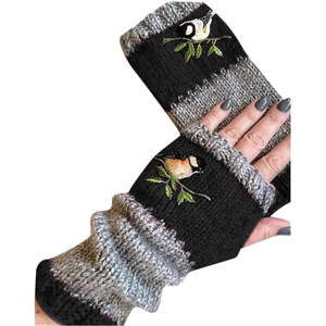 Guantes de invierno sin dedos con patrón de pájaros bordados personalizados, calentadores de brazos tejidos cálidos al por mayor, mitones de medio dedo para mujer - Product Image 1