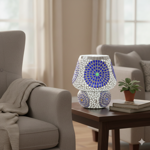 โคมไฟตั้งโต๊ะทรงกลมลายโบฮีเมียนสีน้ำเงินขาว ดีไซน์ร่วมสมัย ทำด้วยมือ ขนาดสั่งทำได้ ใช้ตกแต่งข้างเตียง ให้แสงสว่างภายในบ้าน - Product Image 2
