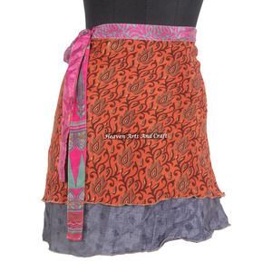 Designer Printed Silk Sari Reversible Two-Layer Mini Skirt Festival Summer Casual <b>Beach</b> Look <b>Wrap</b> Style For Club Plus Size - Product Image 5