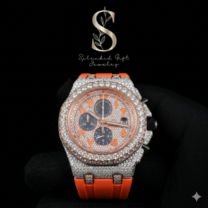 Montre à bracelet en caoutchouc orange avec cadran en moissanite or rose 18 carats, mouvement à quartz personnalisé de luxe serti de moissanites - Product Image 1