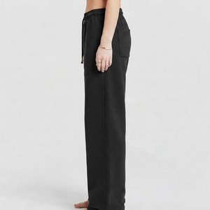 Pantalones de chándal de algodón de rizo negros lisos para mujer, de cintura media, pierna ancha, cintura elástica, transpirables, de secado rápido, ajuste holgado, longitud completa - Product Image 3