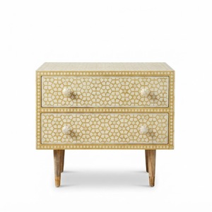 Mesa de Noche de Lujo con Incrustaciones de Hueso Hechas a Mano en India, con 2 Cajones, Color Amarillo Mostaza, Diseño Geométrico de Estrellas - Product Image 1