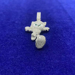 Hip Hop Iced Out Cartoon Cat Pendant Necklace with Cuban Chain Micro Pave Diamond Shape Green Eyes Bling Jewelry - Product Image 3