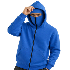 Sudadera con capucha completa con cremallera para hombre, manga larga, estampado personalizado, negra lisa con orificios para los ojos, estilo urbano, venta al por mayor. - Product Image 1