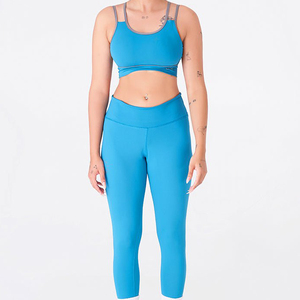 Custom Logo Women's Yoga Set Seamless Ribbed Long Sleeve Crop <b>Top</b> and High Waisted Leggings Two Piece Gym Fitness Outfit - Product Image 4