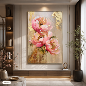 Toile d'art moderne peinte à la main avec des fleurs de pivoine, accent doré, décoration murale encadrée F6-C4 - Product Image 2
