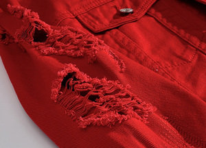 Men's <b>Red</b> Denim Jacket Turn-down Collar Single Breasted Casual Ripped Hole Design Autumn Slim Fit Cotton <b>Material</b> - Product Image 5