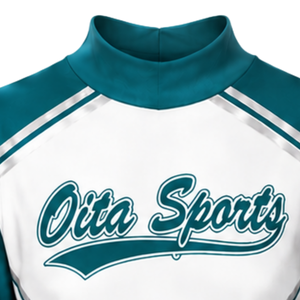 Maillot de cheerleading sublimé blanc et turquoise à manches longues – Tenue de sport d'équipe pour l'entraînement, la performance athlétique, la pratique et les compétitions - Product Image 3