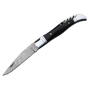 Couteau pliant artisanal en acier Damas, manche en corne noire, avec étui en cuir - Product Image 1