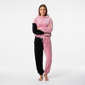 Ensemble sweat à capuche et pantalon en velours pour femme, color block rose et noir, manches longues, poignets côtelés, coupe ample, tenue décontractée - Product Image 4