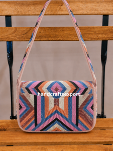 Handcrafted Embroidery Beaded Flap Shoulder <b>Bag</b> Women Bohemian Geometric Pattern Colorful Eco-Friendly Lightweight Single <b>Strap</b> - Product Image 5