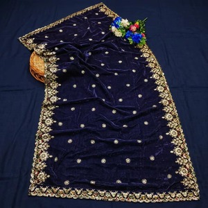 Châles en micro-velours bleu roi, brodés de sequins, style ethnique indien, pour mariée, en gros - Product Image 3